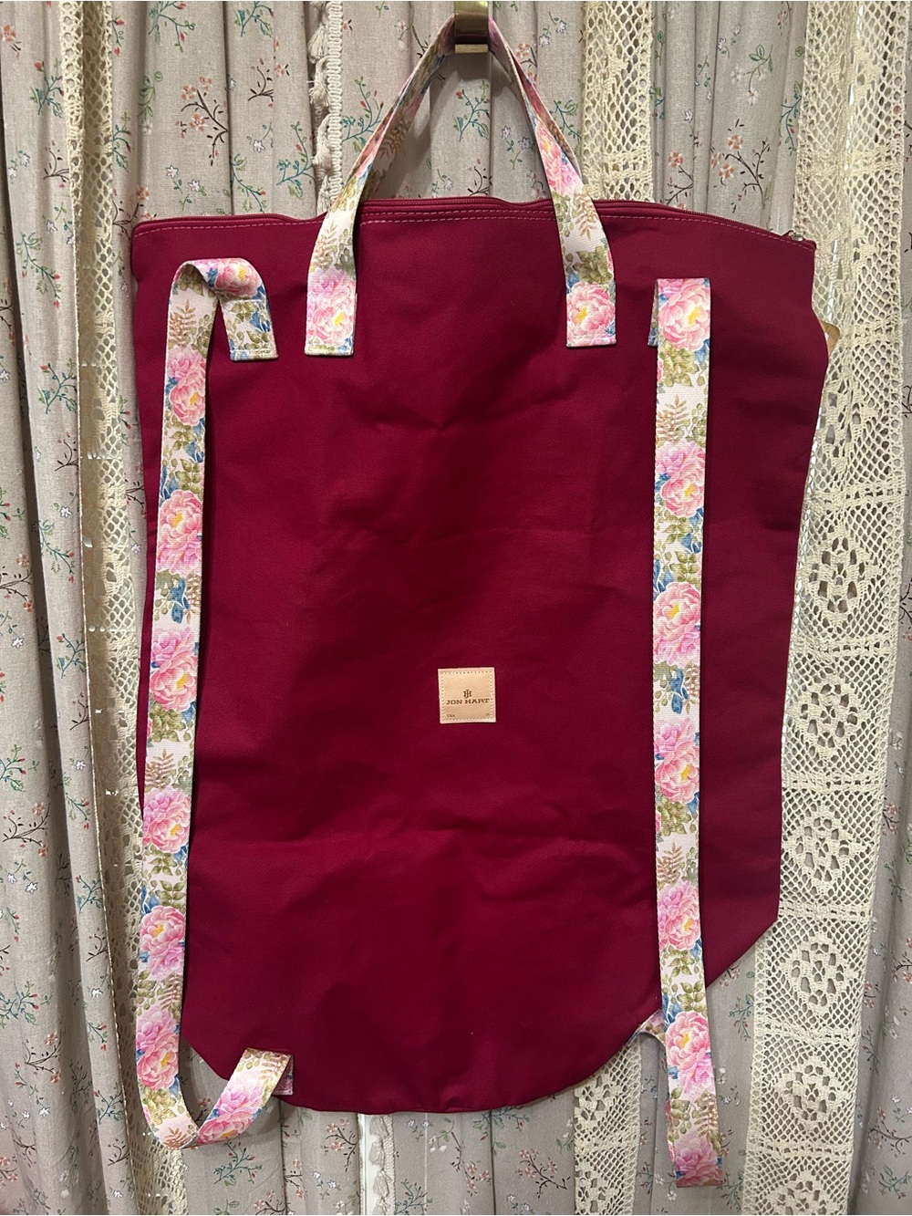 Jon Hart Laundry Bag Backpack Burgundy Floral Peony Straps NWT Madison